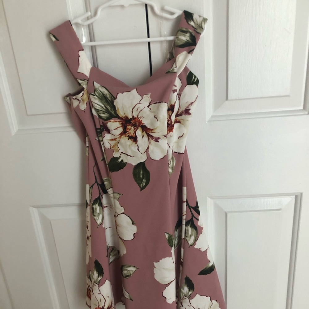 pink floral dress with off the shoulder sleeves